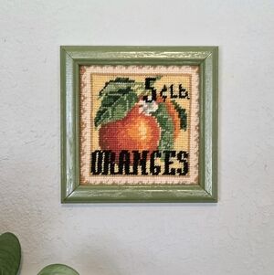 Vintage Framed Oranges Needlepoint Retro Kitchen Folk Art